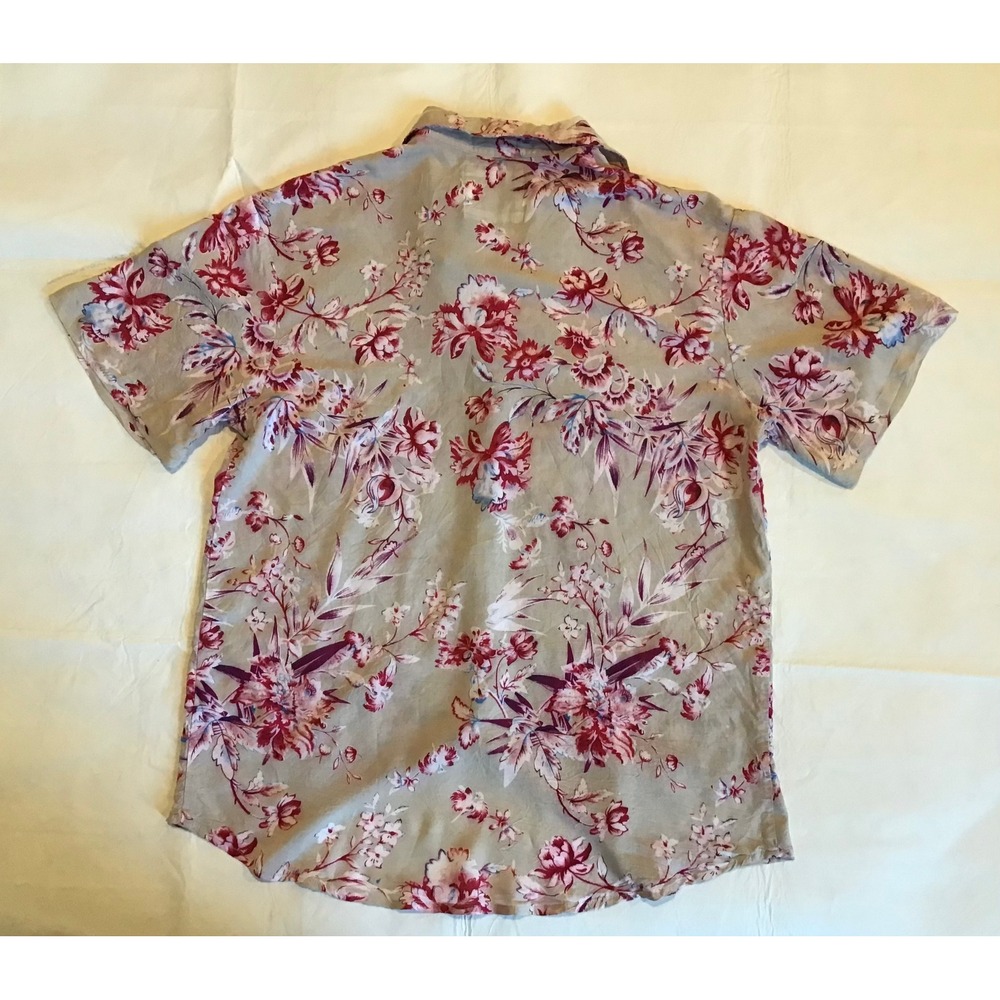 Bouton Bleu Mens Large Floral Tropical Short Sleeve Button Down Shirt Grey Red - Picture 3 of 3